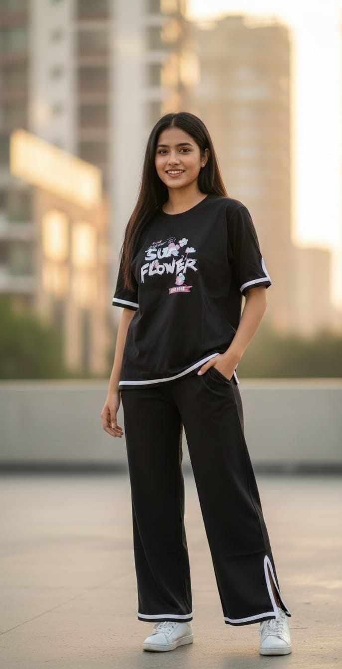 black set সাইট কাটিং ১ পিচ কালো প্যান্ট এবং ১ পিচ কালো টিশার্ট Combo - Image 1